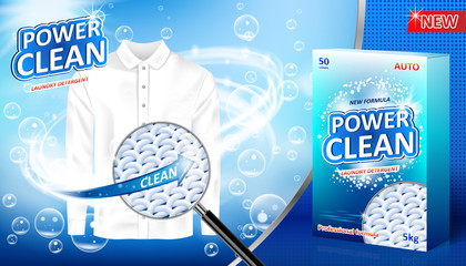Laundry detergent ad. Stain remover package design for advertising with soap bubbles, closeup look at fiber structure. Washing detergent banner with clean shirt. Vector illustration