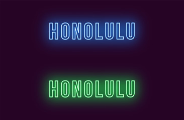 Neon name of Honolulu city in Hawaii. Vector text