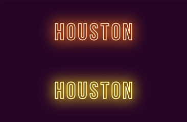 Neon name of Houston city in USA. Vector text