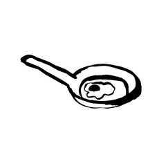 Scrambled egg in frying pan. Grunge brush ink vector illustration for restaurant or cafe menu design.