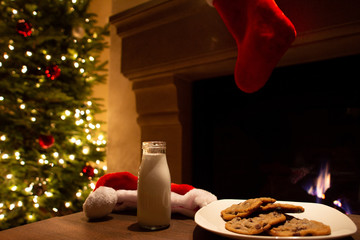Christmas milk and cookies waiting for santa with tree and lights in background