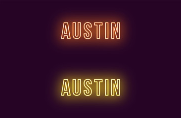 Neon name of Austin city in USA. Vector text