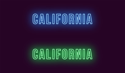 Neon name of California state in USA. Vector text