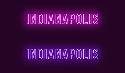 Neon name of Indianapolis city in USA. Vector text