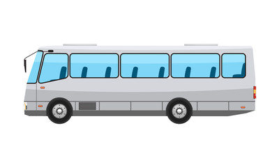City public bus with flat and solid color style design. Transparent window glasses. Vector illustration.