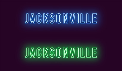 Neon name of Jacksonville city in USA. Vector text