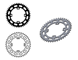 Sprocket wheel. Bicycle parts. 3D effect and flat vector