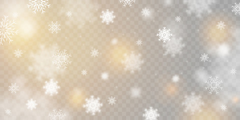 Christmas background with snowflakes isolated on transparent background. Beautiful falling snow, realistic vector illustration.