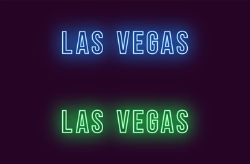 Neon name of Las Vegas city in USA. Vector text