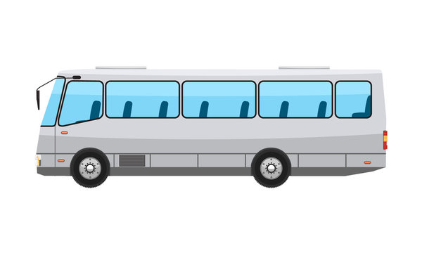 City public bus with flat and solid color style design. Transparent window glasses. Vector illustration.