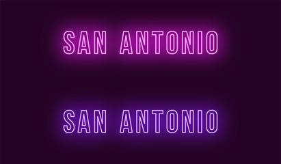 Neon name of San Antonio city in USA. Vector text