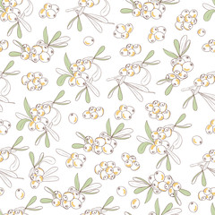 Sea buckthorn. Berry. Background, wallpaper, seamless, sketch. On a white background. Doodle.