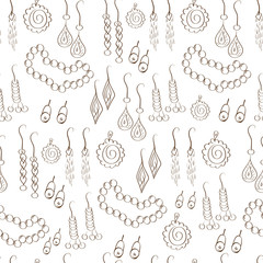 Jewelry, decorations. Earrings, pendants, necklaces. Background, wallpaper, seamless, sketch, doodle.