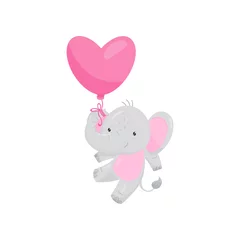 Papier Peint photo Animaux avec ballon Adorable éléphant volant avec un ballon rose en forme de coeur. Animal sauvage. Vector plate pour carte postale de la Saint-Valentin