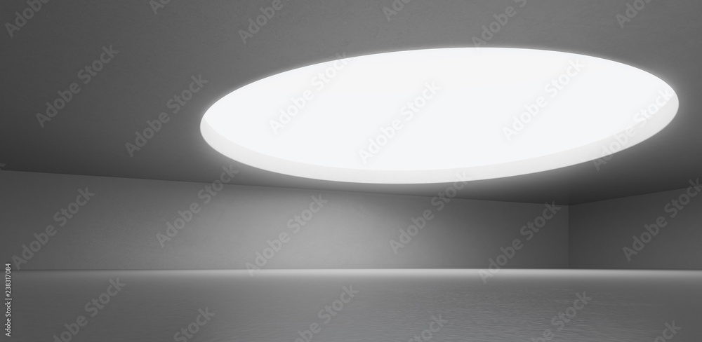 Poster Abstract of empty concrete architecture space with circle lighting hole on ceiling,Museum building concept, 3d rendering.
