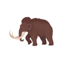 Brown mammoth with big tusks. Large extinct animal from ice age. Prehistoric mammal creature. Flat vector design