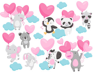Flat vectoe set of adorable animals flying with heart-shaped balloons in the sky. Elements for Valentine s day postcard