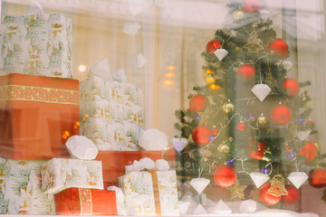 shop showcase decorated for christmas