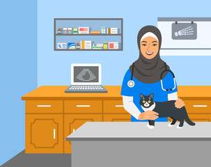 Veterinarian doctor arab woman holds cat on examination table in vet clinic. Vector cartoon illustration. Pets health care background. Domestic animals treatment concept. Veterinary professional