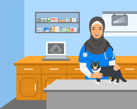 Veterinarian doctor arab woman holds cat on examination table in vet clinic. Vector cartoon illustration. Pets health care background. Domestic animals treatment concept. Veterinary professional