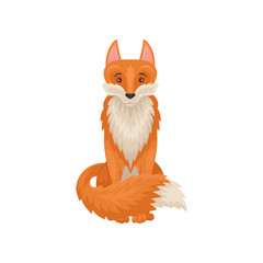 Obraz premium Flat vector icon of cute sitting red fox. Forest animal with bright orange coat and fluffy tail. Wildlife theme