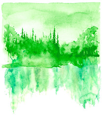 Watercolor landscape.Picture of a pine forest, a green silhouette of trees and bushes.green  splash of paint.Abstract splash of paint, fashion illustration. green landscape, forest. Reflection of tree