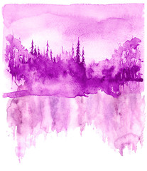 Watercolor landscape. Picture of a pine forest, a pink silhouette of trees and bushes. pinks plash of paint.Abstract splash of paint, fashion illustration.Morning landscape, forest. Reflection of tree