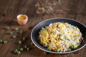 Fried rice with peas corn carrots