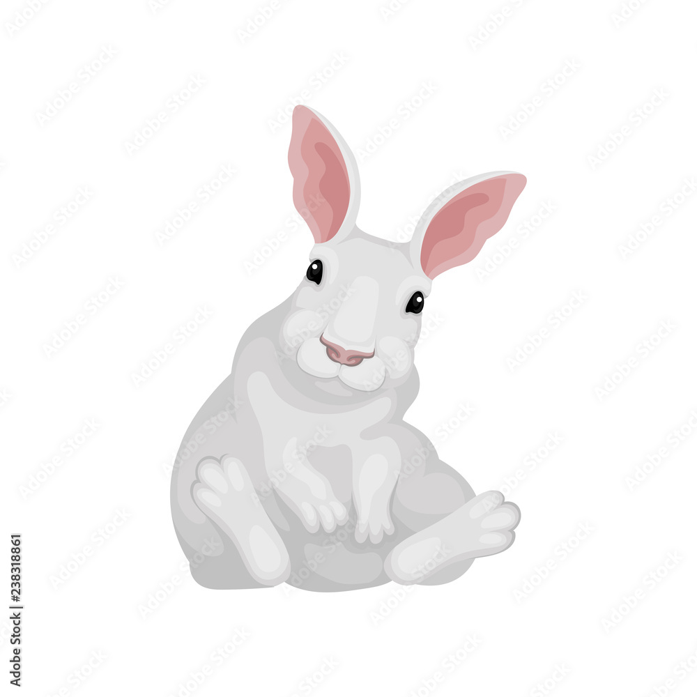 Canvas Prints Funny rabbit sitting on floor. White hare with cute muzzle. Animal with long pink ears. Flat vector icon