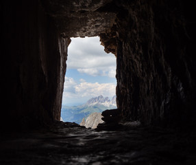 Marmolada, Italy. Panorama on the dolomites from the trenches of the First World War