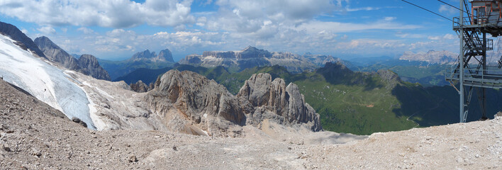 Marmolada, Italy. Landscape to the glacier and to the Dolomites during summer time