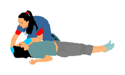 Paramedic rescue patient first aid vector illustration. Woman in unconscious drowning. Drunk person overdose. Sneak attack victim rescue. CPR rescue team. Victim of fire evacuation. Earthquake rescue 