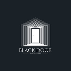 door gate logo for home entrance. minimal wood black house doorway or real estate business. architecture or urban city skyline. Linear creative monochrome monogram outline symbol. Vector Illustration.