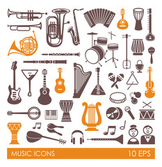 Obraz premium Silhouettes of musical instruments. Icon set in flat style
