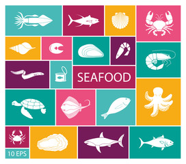 Icons of fish and seafood in flat style
