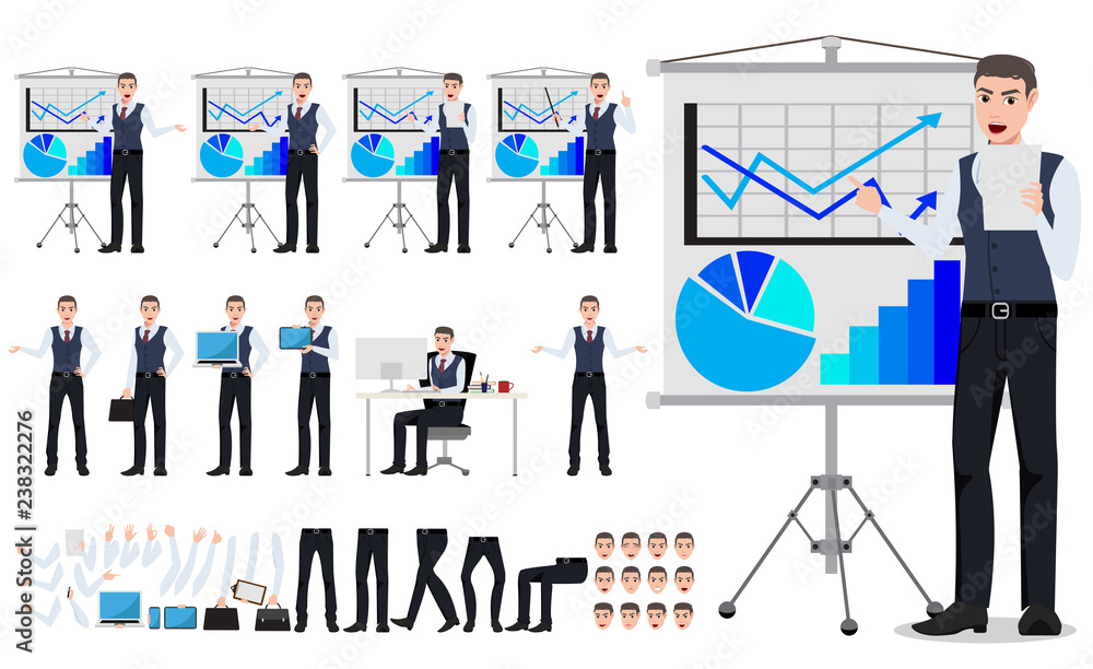 Poster business man vector character creation set with male sales person showing chart board presentation i