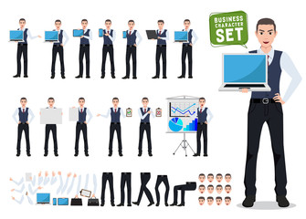 Business man vector character creation set with male office person showing laptop screen in different posture and gesture for business presentation. Vector illustration.