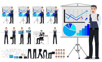 Business man vector character creation set with male sales person showing chart board presentation in different posture and hand gestures isolated in white. Vector illustration.