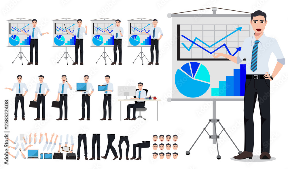 Poster business man for business presentation vector character creation set with male sales person showing 