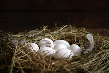 white and brown eggs on straw and wooden dark background.