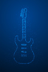 Abstract Geometric Bokeh circle dot pixel pattern Electric Guitar shape, music instrument concept design blue color illustration isolated on blue gradient background with copy space, vector