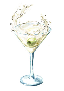 Martini glass with olive and splash. Watercolor hand drawn illustration isolated on white background