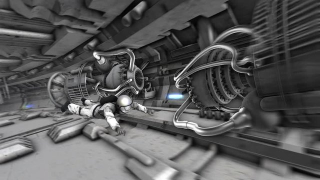 Astronaut moving through the corridors of a dark abandoned spacecraft. Seamless animation.