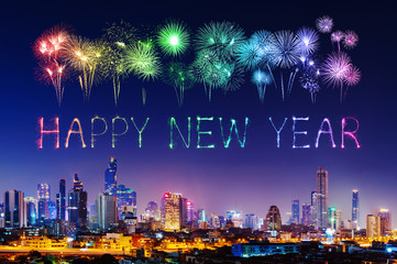 Happy new year firework with Bandkok cityscape at night