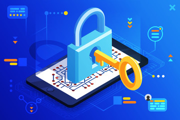 Mobile web security smartphone access isometric 3d key technology digital lock internet cyber protection icon vector illustration