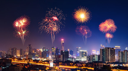 Happy new year firework with Bandkok cityscape at night