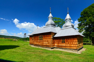 Fototapeta na wymiar Orthodox wooden church in Olchowiec village, Low Beskids (Beskid Niski), Poland