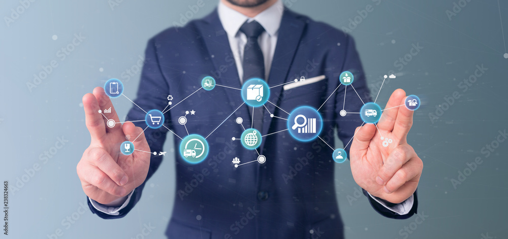 Poster businessman holding a logistic organisation with icon and connection 3d rendering