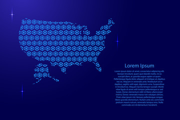 United States of America map abstract schematic from snowflake blue pattern decoration Christmas and Happy New Year with space stars for banner, poster, greeting card. Vector illustration.