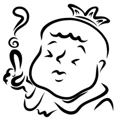 Funny king asking question, black outline, plump man in crown